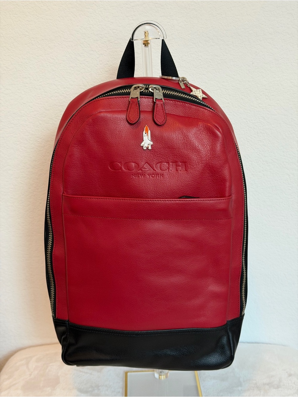 Coach Red & Black Leather Backpack with Star Charm, Hangtag, and Ltd Edition Pin